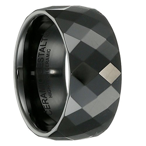 Black Ceramic Ring by CERAMIC GESTALT® - 10mm. Faceted Design.