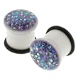 White Single Flared Tanzanite Gem-Studded Plug with Clear Dome Coating and "O" Ring - 2G - Sold as a Pair