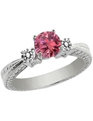 0.95 Ct Round Pink and White Diamond 925 Sterling Silver 3-Stone Ring