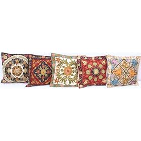 Lot of Five Cushion Covers from Kashmir with Dense All-Over Ari Embroidery - Wool Thread on Pure Cot