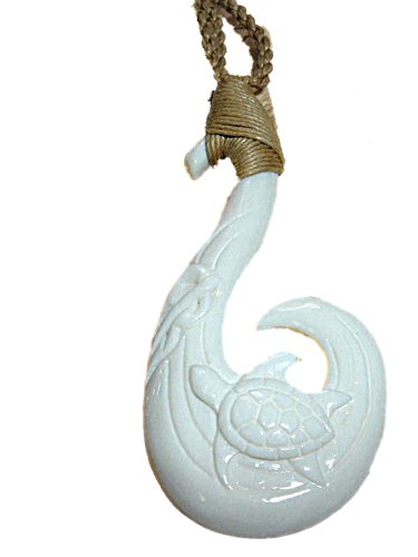 Maori Carved Bone Fish Hook Pendant w/ Hawaiian Honu Turtle