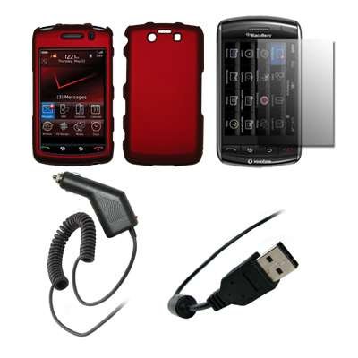 Premium Red Rubberized Snap-On Cover Hard Case Cell Phone Protector + Snap-On Removal Tool + Crystal Clear LCD Screen Protector + Rapid Car Charger + USB Data Charge Sync Cable for BlackBerry Storm 2 (9550/9520)