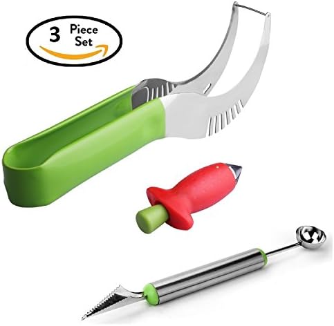 Watermelon slicer [BONUS] Free Strawberry Huller AND Free Mellon Baller - Large Stainless Steel Blade with Comfortable Silicone Handle and Reinforced Tip - Lifetime Warranty