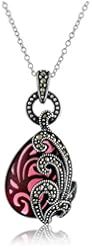 Sterling Silver Oxidized Marcasite and Garnet Colored Glass Textured Teardrop Pendant Necklace, 18"