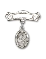 Sterling Silver Baby Badge with Guardian Angel Charm and Arched Polished Badge Pin