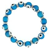Evil Eye Bracelet Stretch Turquoise Blue Round Glass Beads CZ Crystal Facets 10 millimeter