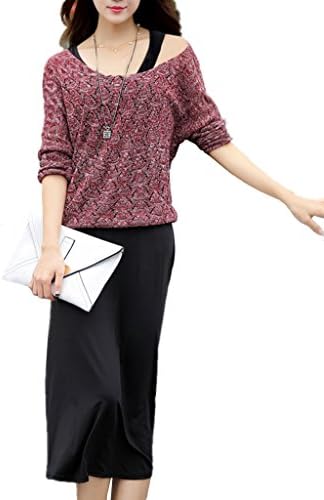 Season Show Womens Two Piece Outfits Thin Pullover Sweater Casual Cotton Dress Wine
