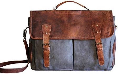 Sharo Leather Bags Laptop Messenger Bag and Brief BG Brown Leather/Gray Canvas