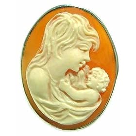 Master Carved Mother and Child Cameo Carnelian Conch Shell Sterling Silver by
