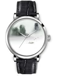 SPRAWL Aanalog Fashion Series Silver Ladies Watches of Genuine Black Leather Strap,Unique Wrist Watch for Women Girls Designed with Landscape in mist
