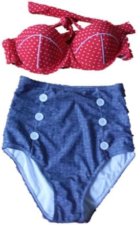Retro High Waist Pin up Bikini Sets Red Polka Top+denim Bottom