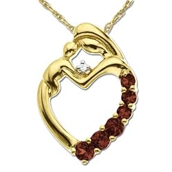 XPY 14k Yellow Gold Garnet and Diamond Mother Holding Child Pendant, 18"