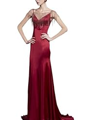 V-neck Sleeveless Floor Length Mesh Beaded Silk Mermaid Evening Dress/Bridesmaid Dress/Prom Dress/Quinceanera Dress/Party Dress 