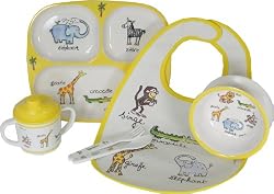 6 Piece Set Baby Cie La Jungle: Jungle Yellow Melamine Colorful Melamine Dinnerware with wording