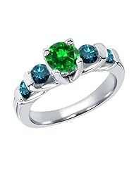 2.38 Ct Round Green Created Emerald Blue Diamond 14K White Gold Ring