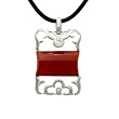 Lattice and Diamond Cubic Zirconia Border Rectangular Red Jade Platinum Overlay CAREFREE Sterling Silver Leather Necklace Lattice and Diamond Cubic Zirconia Border Rectangular Red Jade Platinum Overlay CAREFREE Sterling Silver Leather Necklace