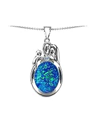 Original Star K (tm) Loving Mother And Father With Child Pendant With Oval Created Blue Opal in 925 Sterling Silver