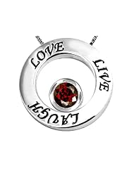 Original Star K (tm) Live/Love/Laugh Circle of Life Pendant with January Birthstone Round 7mm Simulated Garnet in 925 Sterling Silver