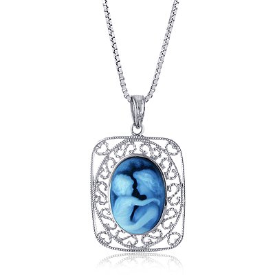 Sterling Silver Filigree Frame 14x10mm Blue Agate Mother and Baby Cameo Pendant W/22″ Adjustable Chain