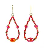 Earrings - E307 - Bugle Beads and Fire Polished Glass Beads - Oval Loop ~ Red