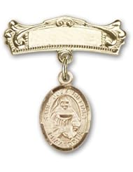 14K Gold Baby Badge with St. Julia Billiart Charm and Arched Polished Badge Pin