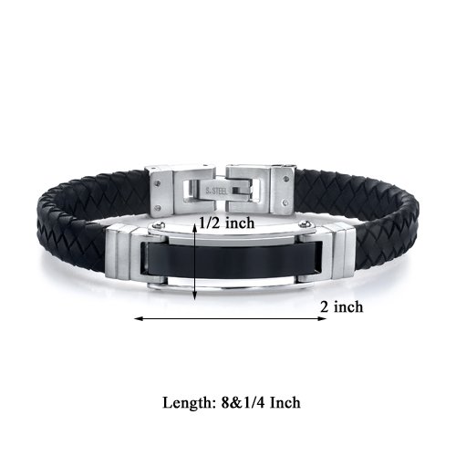 Flawless Style: Stainless Steel ID-style Bracelet with Braided Leather Strap for Men under The Jewelry Store