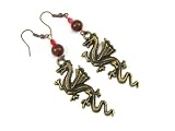 Fantasy Fire Dragon Brass Dangle Earrings with Mahogany Jasper