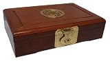 Chinese rosewood jewelry box chest with asian brass accents and longevity symbol, 12 x 8 x 3