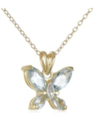 18k Gold Plated Sterling Silver Blue Topaz and Diamond Accent Butterfly Pendant, 18"