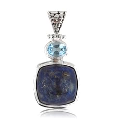 Egyptian Stone Sterling Silver Vivid Blue Lapis Lazuli and Blue Topaz Pendant