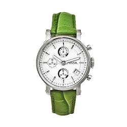Fossil Women's ES2393 Classic Green Leather Silver Chronograph Dial Watch