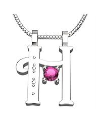 Sterling Silver Letter H - October Pink Tourmaline Birthstone 18 Inch Necklace