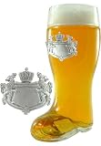 1 Liter Glass Beer Boot with Engravable Pewter Bavarian Crest Badge