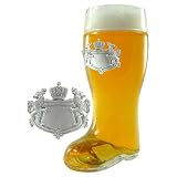 0.5 Liter Glass Beer Boot with Engravable Pewter Bavarian Crest Badge by 