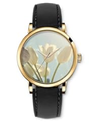 SPRAWL Aanalog Fashion Series Gold Ladies Watches of Genuine Black Leather Strap,Unique Wrist Watch for Women Girls Designed with white Tulips