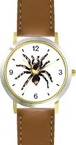 Spider - Tarantula Insect - Animal - WATCHBUDDY® DELUXE TWO-TONE THEME WATCH - Arabic Numbers - Brown Leather Strap-Size-Large ( Men's Size or Jumbo Women's Size )