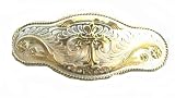 Long Western Belt Buckle with Gold Overlay Cross