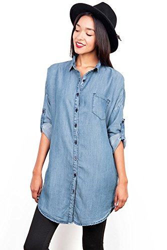 Pink ice women s button down denim shirt dress, medium …