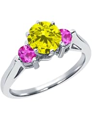 0.71 Ct Round Canary Diamond Pink Sapphire 18K White Gold 3-Stone Ring