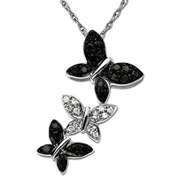 14k White Gold Black and White Diamond Triple Butterfly Pendant (1/5 cttw), 18"