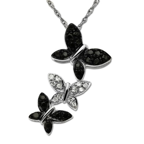 14k White Gold Black and White Diamond Triple Butterfly Pendant (1/5 cttw), 18