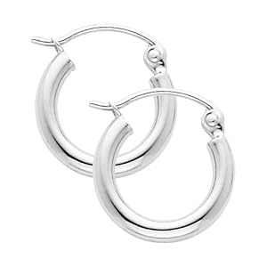 14K White Gold 2mm Classic High Polished Hinged Hoop Earrings (0.5" or 13mm Diameter)