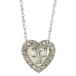 Revoni 9ct White Gold 18 in. Chain & 5/16 in. (8mm) tall Teeny Heart Pendant, w/ 0.16 Carat Baguette & Brilliant Cut Diamonds