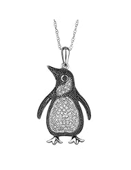 Sterling Silver Diamond and Black Diamond Penguin Pendant 1/6ctw