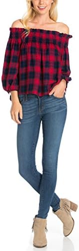 Women's Smocking Off Shoulder Plaid Top Red Small