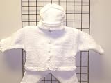 Cpk601w, Knitted on Hand Knitting Machine Then Finished By Hand Crochet Infant Girls Outfit, Containing White Cotton Trimmed with White Chenille By Hand Crochet Girls Cardigan Sweater, Pant, Hat Set