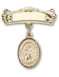 14K Gold Baby Badge with St. John the Baptist Charm and Arched Polished Badge Pin