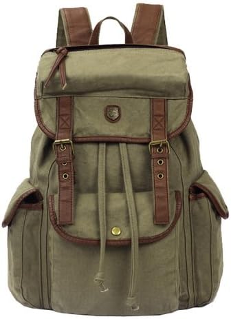 YiTao Vintage Women Men Canvas Backpack Leather Trim Book Bag Rucksack Shoulder Bag (Black) (Army green)