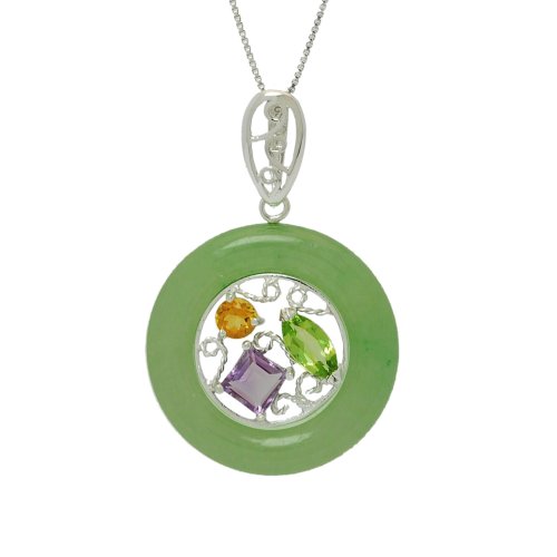 Sterling Silver Green Jade, Amethyst, Citrine and Peridot Circle Pendant on Chain, 18"