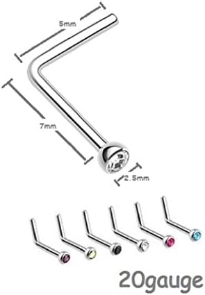 L-Shaped Surgical 2.5mm Color Stone 20Gauge Nose Ring Stud Set of 6pcs (2.5mm L-Shaped 6pcs)